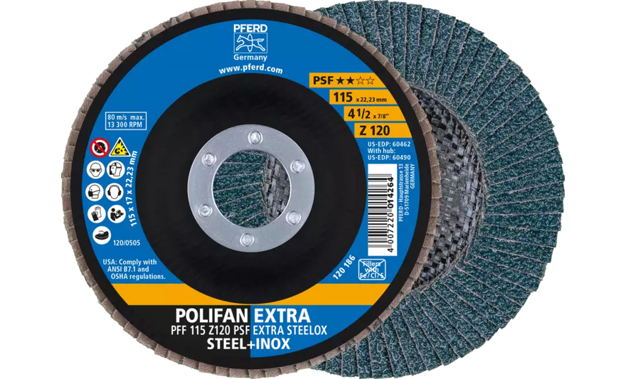 PFERD 60462 Polifan Flap Disc | 7/8" Arbor Hole | 4-1/2" Diameter | Zirconia Alumina 120 Grit | Type 27 | Sold by Box of 10