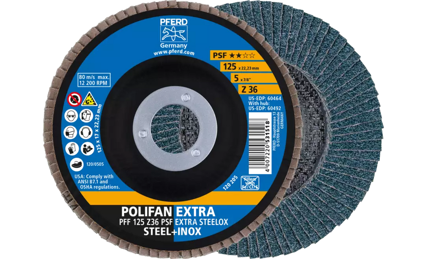 PFERD 60464 Polifan Flap Disc | 7/8" Arbor Hole | 5" Diameter | Zirconia Alumina 36 Grit | Type 27 | Sold by Box of 10