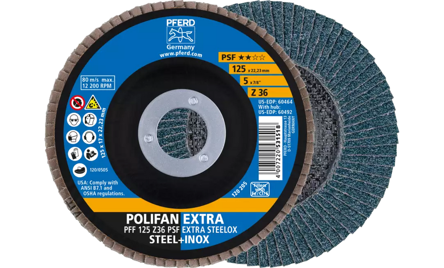 Pferd 60464 Polifan Flap Disc | 7/8" Arbor Hole | 5" Diameter | Zirconia Alumina 36 Grit | Type 27 | Sold by Box of 10