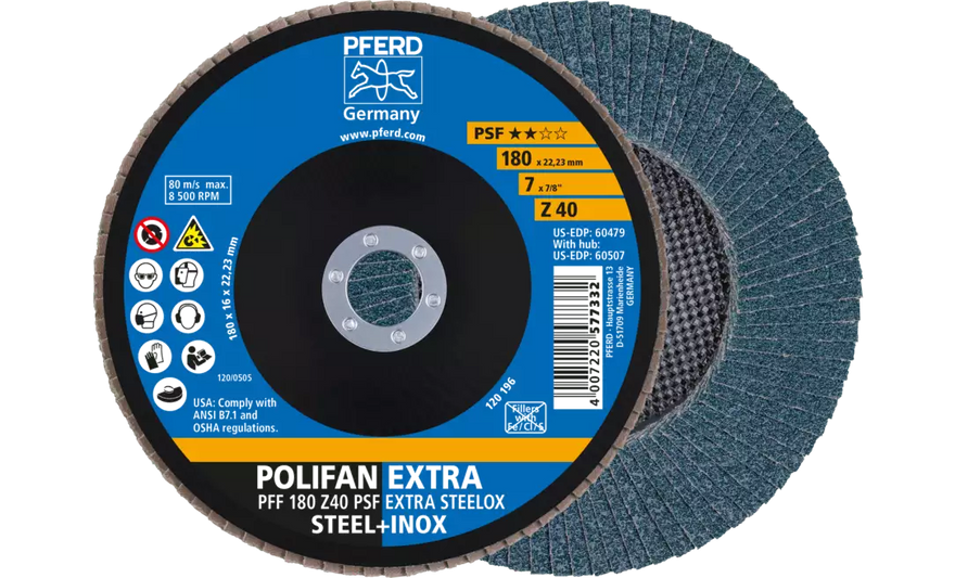 PFERD 60479 Polifan Flap Disc | 7/8" Arbor Hole | 7" Diameter | Zirconia Alumina 40 Grit | Type 27 | Sold by Box of 10