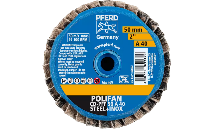 PFERD 42802 Mini Polifan Flap Disc | Arbor Hole | 2" Diameter | Aluminum Oxide 40 Grit | Type CD | Sold by Box of 10