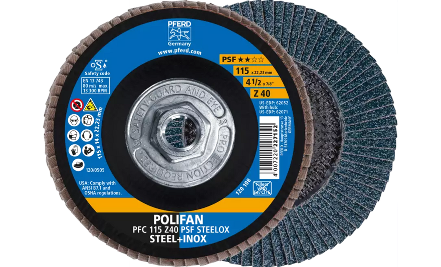 Pferd 62071 Polifan Flap Disc | 5/8-11" Arbor Hole | 4-1/2" Diameter | Zirconia Alumina 40 Grit | Type 29 | Sold by Box of 10