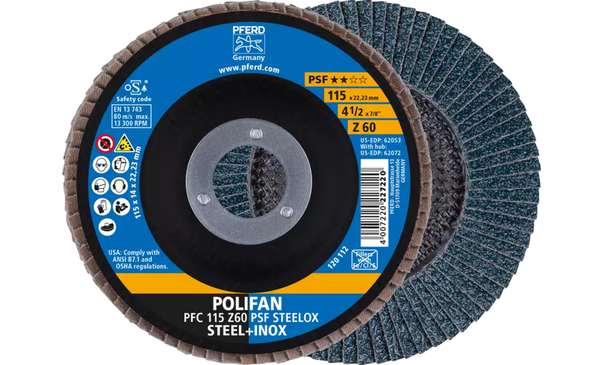 PFERD 62053 Polifan Flap Disc | 7/8" Arbor Hole | 4-1/2" Diameter | Zirconia alumina 60 Grit | Conical | Sold by Box of 10