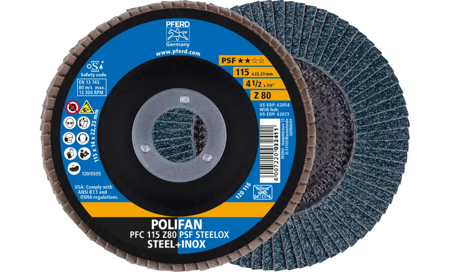PFERD 62054 Polifan Flap Disc | 7/8" Arbor Hole | 4-1/2" Diameter | Zirconia Alumina 80 Grit | Type 29 | Sold by Box of 10