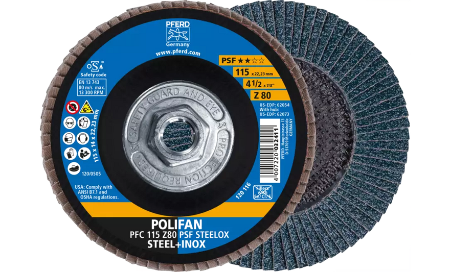 Pferd 62073 Polifan Flap Disc | 5/8-11" Arbor Hole | 4-1/2" Diameter | Zirconia Alumina 80 Grit | Type 29 | Sold by Box of 10