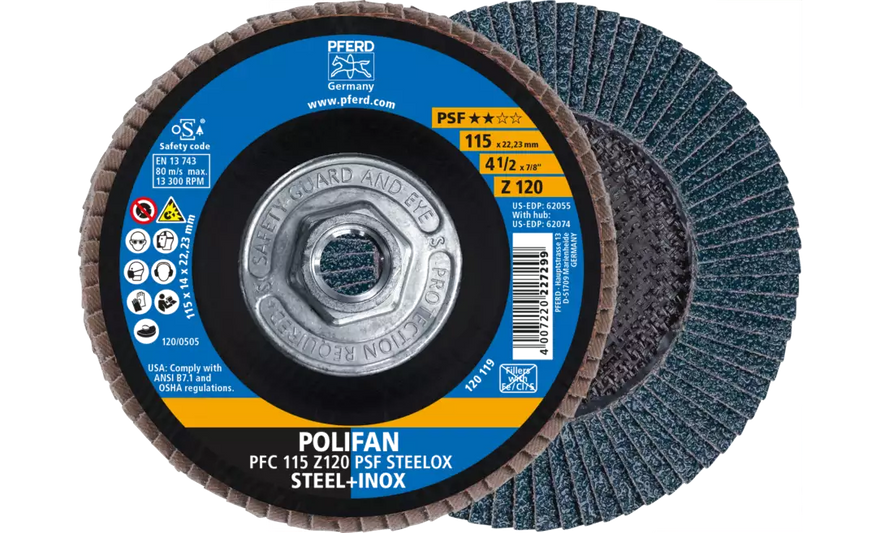 Pferd 62074 Polifan Flap Disc | 5/8-11" Arbor Hole | 4-1/2" Diameter | Zirconia Alumina 120 Grit | Type 29 | Sold by Box of 10