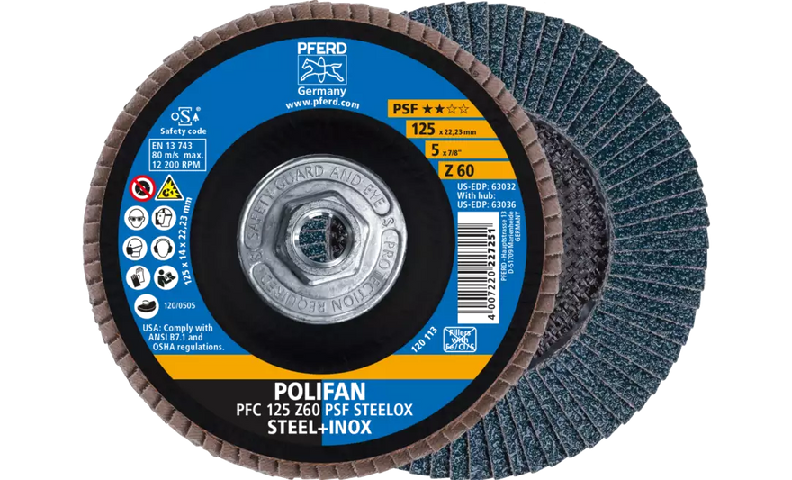 Pferd 63036 Polifan Flap Disc | 5/8-11" Arbor Hole | 5" Diameter | Zirconia Alumina 60 Grit | Type 29 | Sold by Box of 10