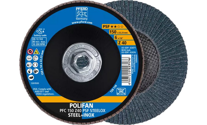 Pferd 63076 Polifan Flap Disc | 5/8-11" Arbor Hole | 6" Diameter | Zirconia Alumina 40 Grit | Type 29 | Sold by Box of 10