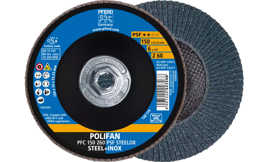 PFERD 63077 Polifan Flap Disc | 5/8-11" Arbor Hole | 6" Diameter | Zirconia Alumina 60 Grit | Conical | Sold by Box of 10