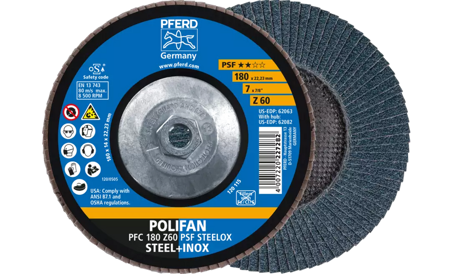 PFERD 62082 Polifan Flap Disc | 5/8-11" Arbor Hole | 7" Diameter | Zirconia Alumina 60 Grit | Conical | Sold by Box of 10