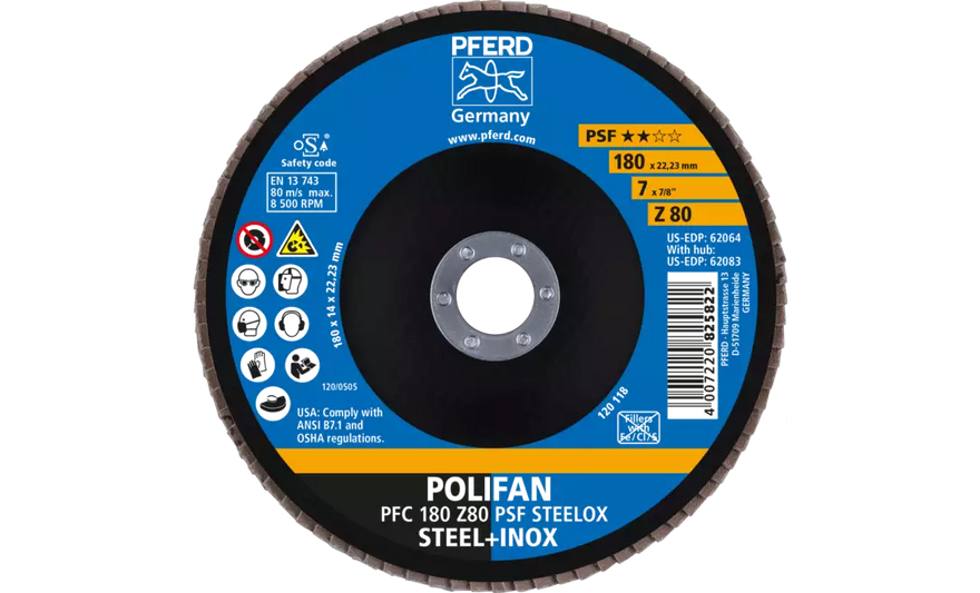 Pferd 62064 Polifan Flap Disc | 7/8" Arbor Hole | 7" Diameter | Zirconia Alumina 80 Grit | Type 29 | Sold by Box of 10