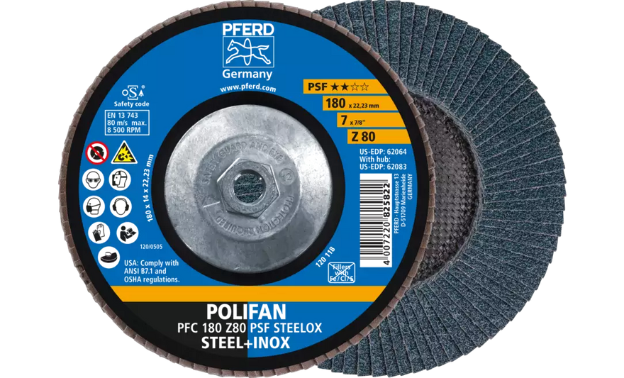 Pferd 62083 Polifan Flap Disc | 5/8-11" Arbor Hole | 7" Diameter | Zirconia Alumina 80 Grit | Type 29 | Sold by Box of 10