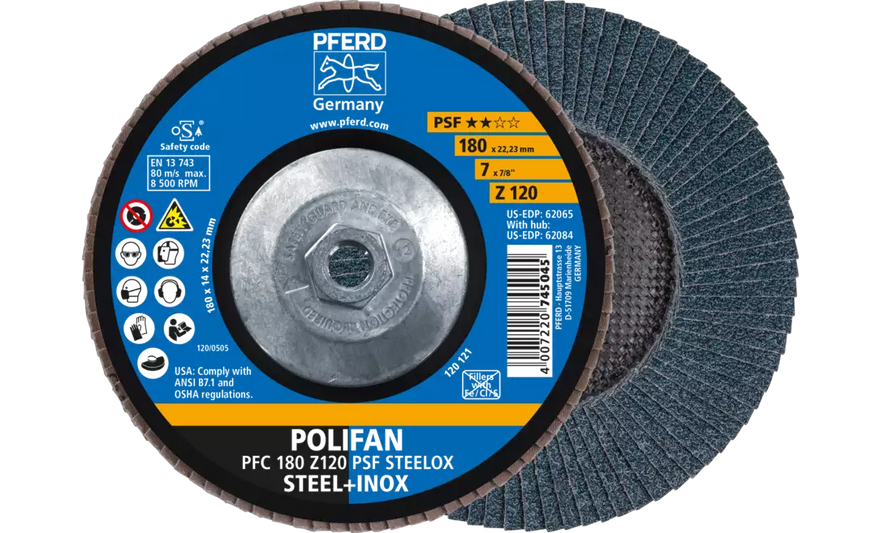 PFERD 62084 Polifan Flap Disc | 5/8-11" Arbor Hole | 7" Diameter | Zirconia Alumina 120 Grit | Conical | Sold by Box of 10