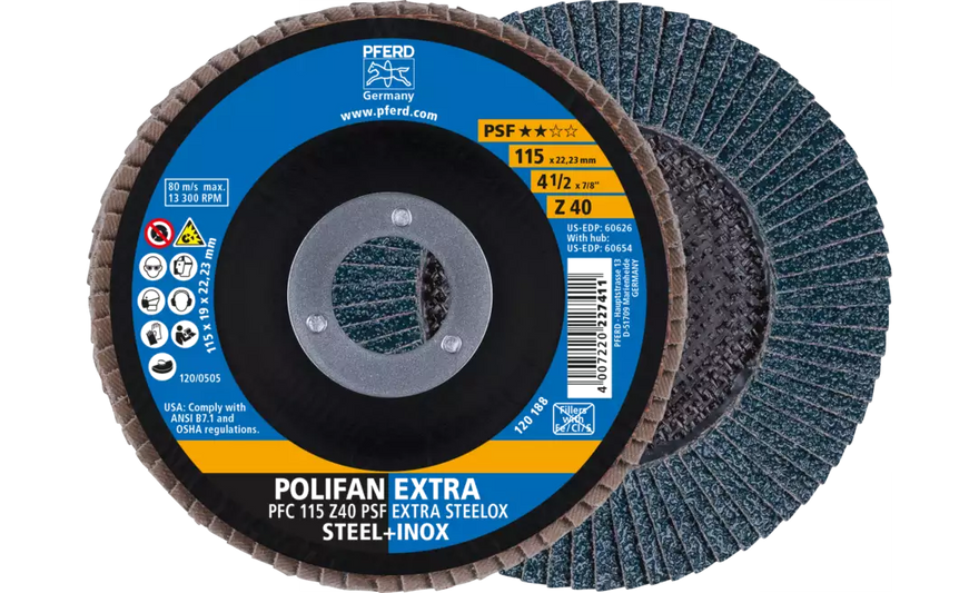 Pferd 60626 Polifan Flap Disc | 7/8" Arbor Hole | 4-1/2" Diameter | Zirconia Alumina 40 Grit | Type 29 | Sold by Box of 10