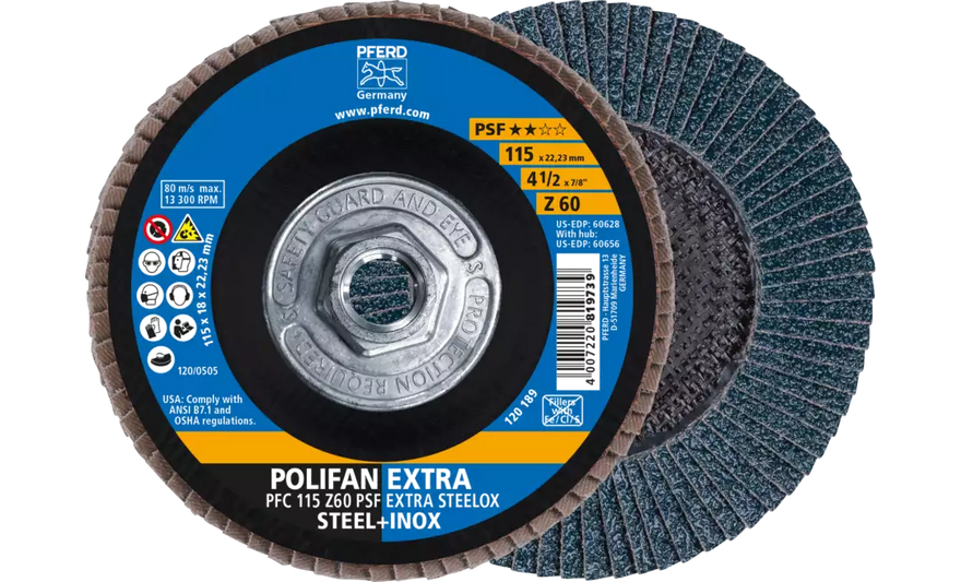 PFERD 60656 Polifan Flap Disc | 5/8-11" Arbor Hole | 4-1/2" Diameter | Zirconia Alumina 60 Grit | Type 29 | Sold by Box of 10