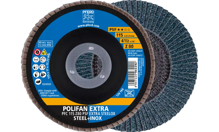 Pferd 60629 Polifan Flap Disc | 7/8" Arbor Hole | 4-1/2" Diameter | Zirconia Alumina 80 Grit | Type 29 | Sold by Box of 10