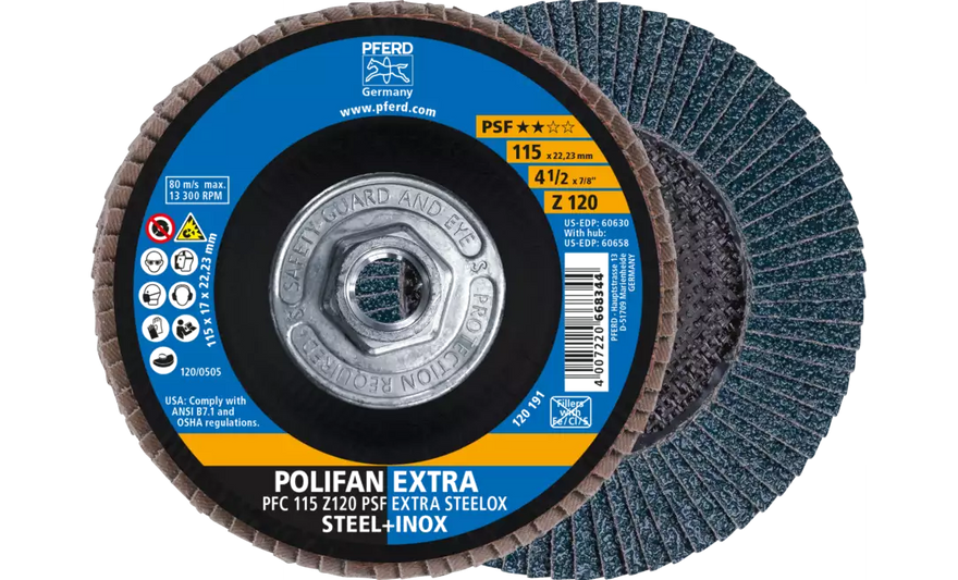 Pferd 60658 Polifan Flap Disc | 5/8-11" Arbor Hole | 4-1/2" Diameter | Zirconia Alumina 120 Grit | Type 29 | Sold by Box of 10