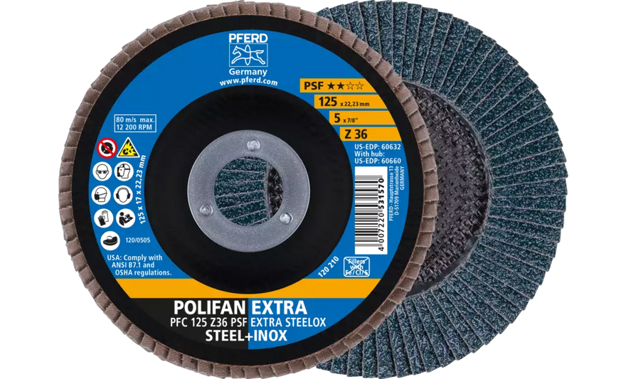 Pferd 60632 Polifan Flap Disc | 7/8" Arbor Hole | 5" Diameter | Zirconia Alumina 36 Grit | Type 29 | Sold by Box of 10
