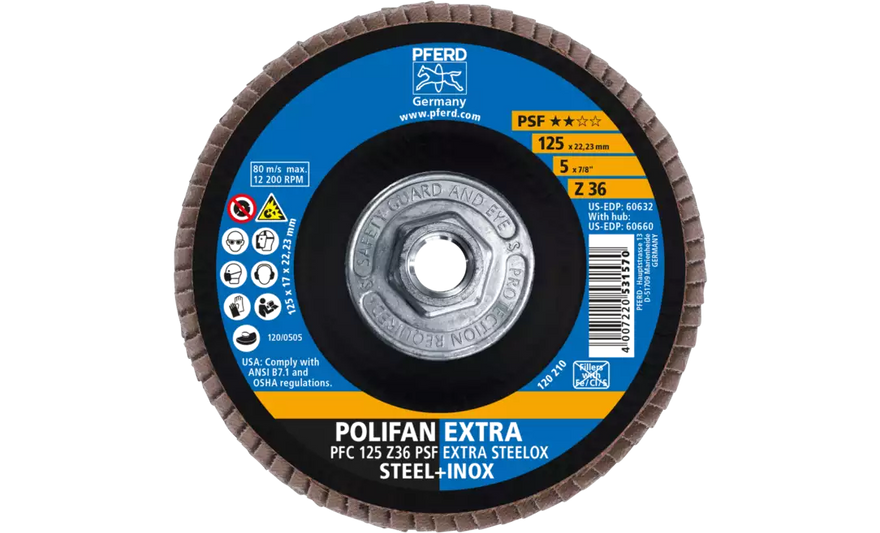 Pferd 60660 Polifan Flap Disc | 5/8-11" Arbor Hole | 5" Diameter | Zirconia Alumina 36 Grit | Type 29 | Sold by Box of 10