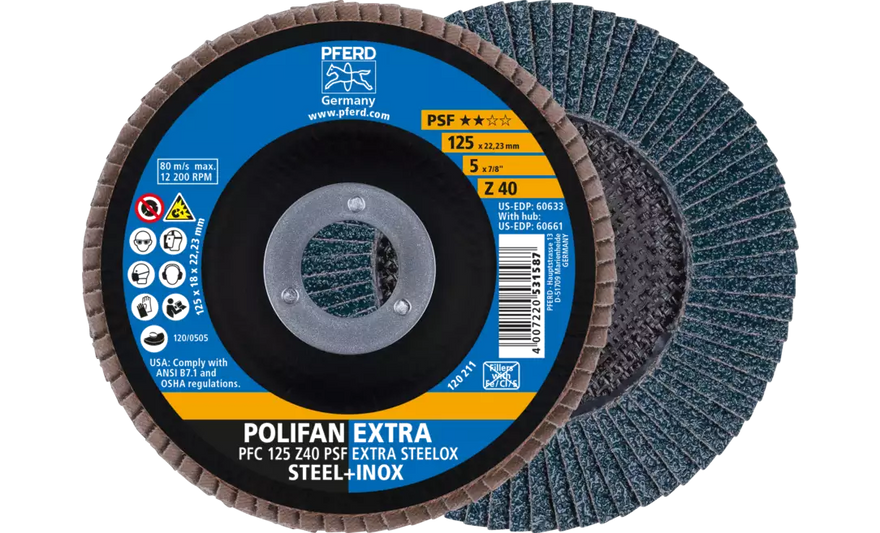 PFERD 60633 Polifan Flap Disc | 7/8" Arbor Hole | 5" Diameter | Zirconia Alumina 40 Grit | Type 29 | Sold by Box of 10
