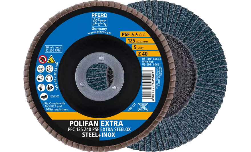 Pferd 60633 Polifan Flap Disc | 7/8" Arbor Hole | 5" Diameter | Zirconia Alumina 40 Grit | Type 29 | Sold by Box of 10