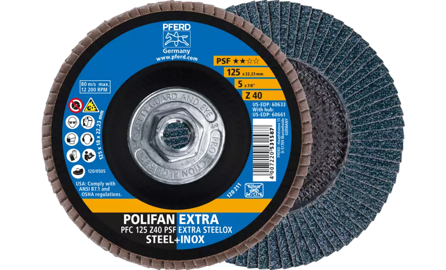 Pferd 60661 Polifan Flap Disc | 5/8-11" Arbor Hole | 5" Diameter | Zirconia Alumina 40 Grit | Type 29 | Sold by Box of 10