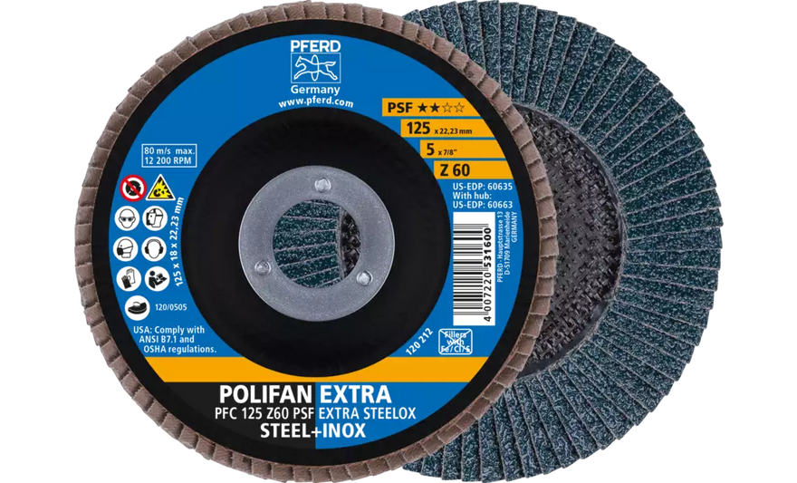 PFERD 60635 Polifan Flap Disc | 7/8" Arbor Hole | 5" Diameter | Zirconia Alumina 60 Grit | Type 29 | Sold by Box of 10