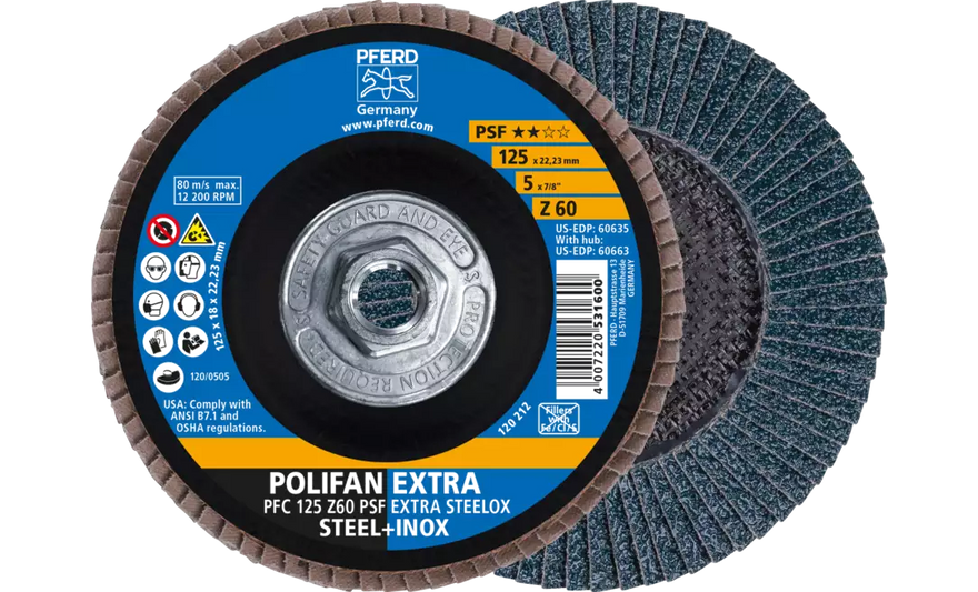 PFERD 60663 Polifan Flap Disc | 5/8-11" Arbor Hole | 5" Diameter | Zirconia Alumina 60 Grit | Type 29 | Sold by Box of 10