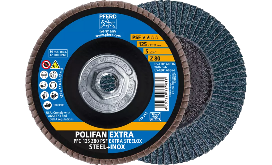 PFERD 60664 Polifan Flap Disc | 5/8-11" Arbor Hole | 5" Diameter | Zirconia Alumina 80 Grit | Type 29 | Sold by Box of 10