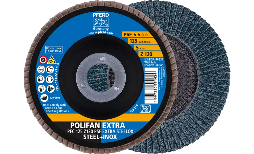Pferd 60637 Polifan Flap Disc | 7/8" Arbor Hole | 5" Diameter | Zirconia Alumina 120 Grit | Type 29 | Sold by Box of 10