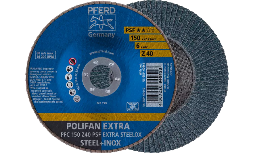 Pferd 60640 Polifan Flap Disc | 7/8" Arbor Hole | 6" Diameter | Zirconia Alumina 40 Grit | Type 29 | Sold by Box of 10