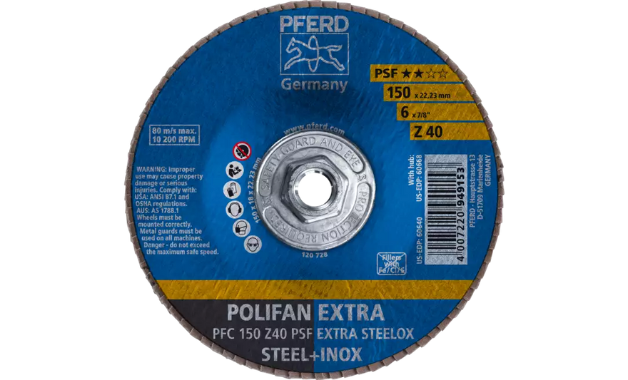 Pferd 60668 Polifan Flap Disc | 5/8-11" Arbor Hole | 6" Diameter | Zirconia Alumina 40 Grit | Type 29 | Sold by Box of 10