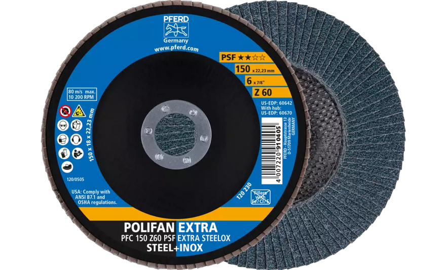 PFERD 60642 Polifan Flap Disc | 7/8" Arbor Hole | 6" Diameter | Zirconia Alumina 60 Grit | Type 29 | Sold by Box of 10