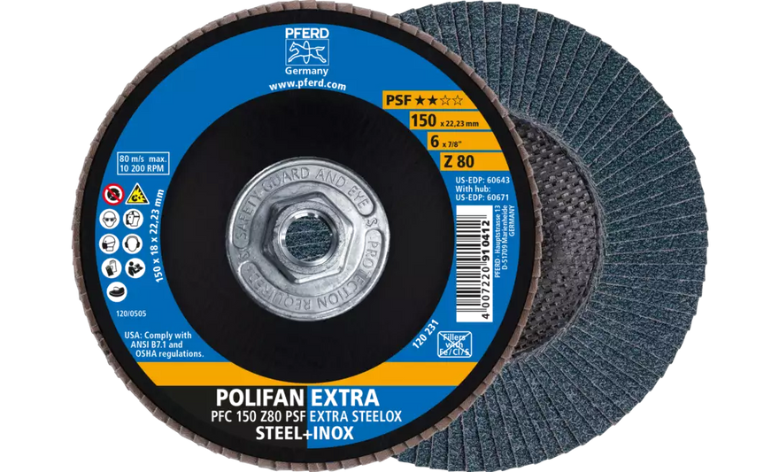 PFERD 60671 Polifan Flap Disc | 5/8-11" Arbor Hole | 6" Diameter | Zirconia Alumina 80 Grit | Type 29 | Sold by Box of 10