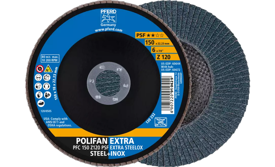 Pferd 60644 Polifan Flap Disc | 7/8" Arbor Hole | 6" Diameter | Zirconia Alumina 120 Grit | Type 29 | Sold by Box of 10