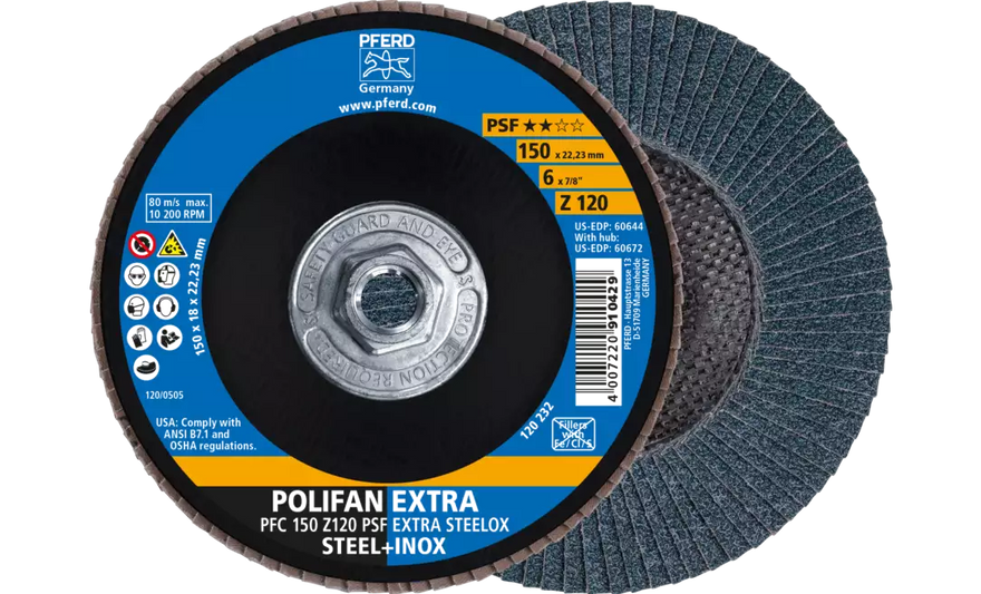 PFERD 60672 Polifan Flap Disc | 5/8-11" Arbor Hole | 6" Diameter | Zirconia Alumina 120 Grit | Type 29 | Sold by Box of 10