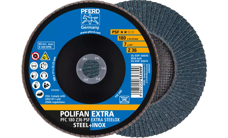 PFERD 60646 Polifan Flap Disc | 7/8" Arbor Hole | 7" Diameter | Zirconia Alumina 36 Grit | Type 29 | Sold by Box of 10