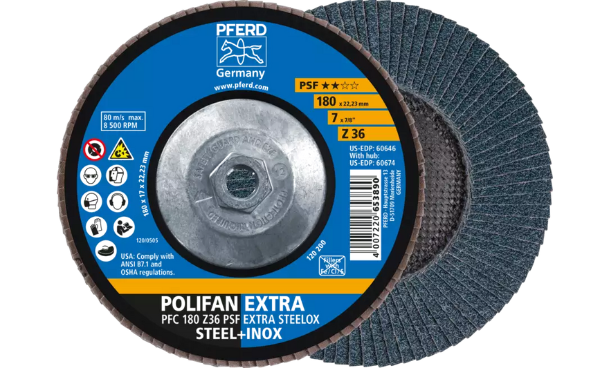 Pferd 60674 Polifan Flap Disc | 5/8-11" Arbor Hole | 7" Diameter | Zirconia Alumina 36 Grit | Type 29 | Sold by Box of 10