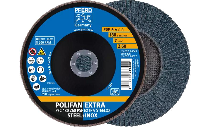 PFERD 60649 Polifan Flap Disc | 7/8" Arbor Hole | 7" Diameter | Zirconia Alumina 60 Grit | Type 29 | Sold by Box of 10