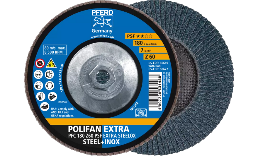Pferd 60677 Polifan Flap Disc | 5/8-11" Arbor Hole | 7" Diameter | Zirconia Alumina 60 Grit | Type 29 | Sold by Box of 10
