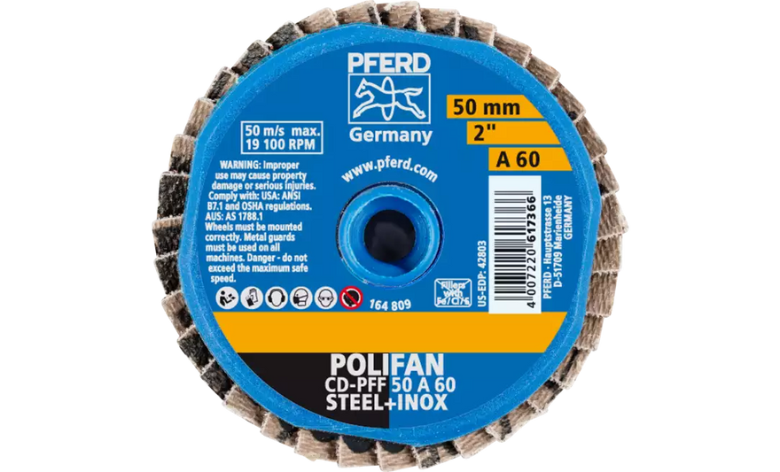 PFERD 42803 Mini Polifan Flap Disc | Arbor Hole | 2" Diameter | Aluminum Oxide 60 Grit | Type CD | Sold by Box of 10