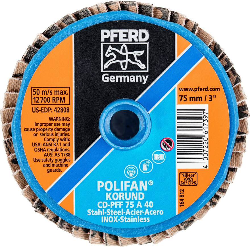 Pferd 42808 Mini Polifan Flap Disc | Arbor Hole | 3" Diameter | Aluminum Oxide 40 Grit | Type CD | Sold by Box of 10