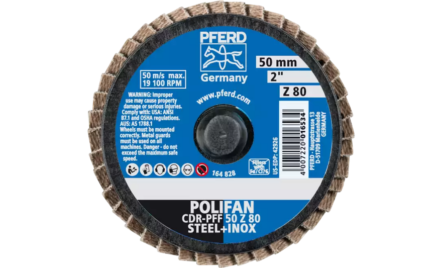 Pferd 42926 Mini Polifan Flap Disc | 2" Diameter | Zirconia Alumina 80 Grit | Type CDR | Sold by Box of 10