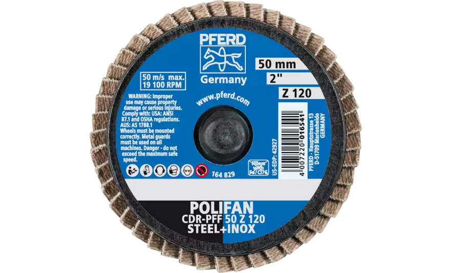 Pferd 42927 Mini Polifan Flap Disc | 2" Diameter | Zirconia Alumina 120 Grit | Type CDR | Sold by Box of 10