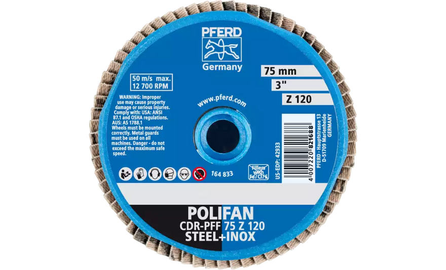 Pferd 42933 Mini Polifan Flap Disc | 3" Diameter | Zirconia Alumina 120 Grit | Type CDR | Sold by Box of 10