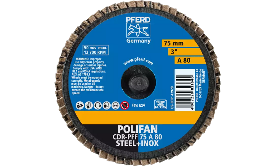 Pferd 42920 Mini Polifan Flap Disc | Arbor Hole | 3" Diameter | Aluminum Oxide 80 Grit | Type  CDR | Sold by Box of 10