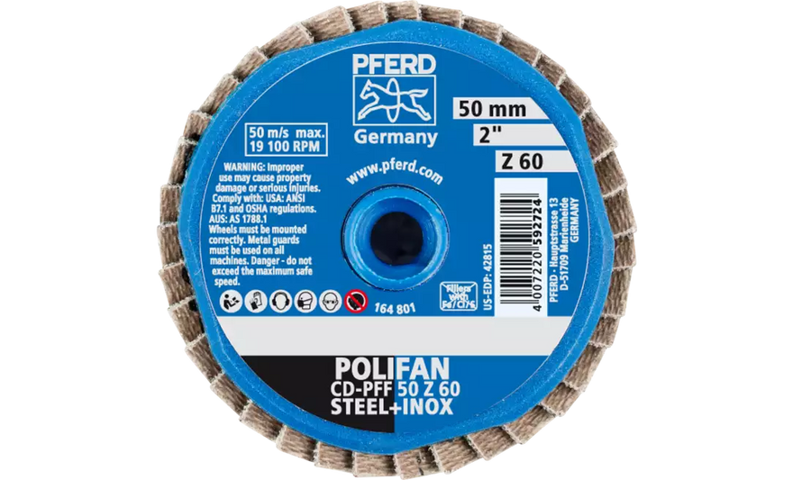 Pferd 42815 Mini Polifan Flap Disc | 2" Diameter | Zirconia Alumina 60 Grit | Type CD | Sold by Box of 10