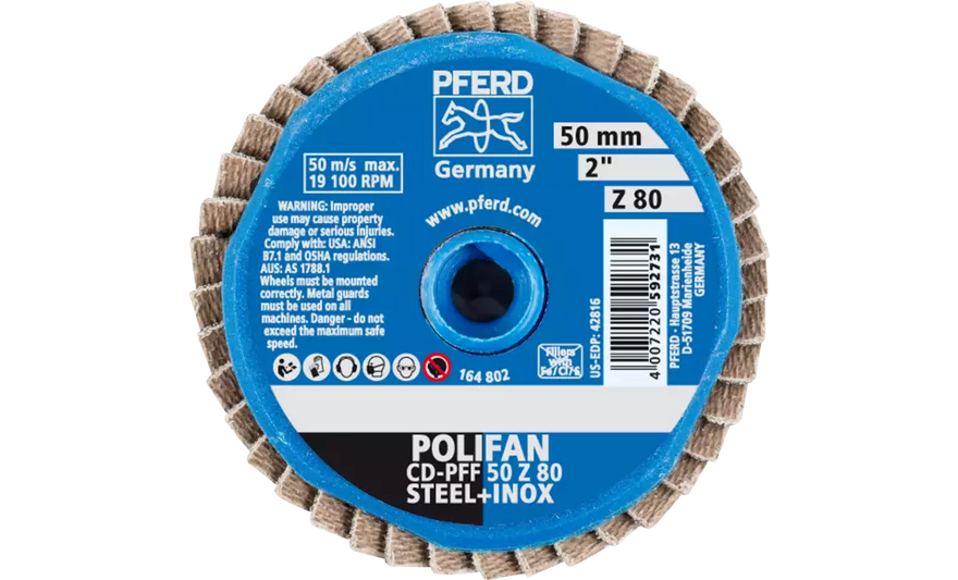 Pferd 42816 Mini Polifan Flap Disc | 2" Diameter | Zirconia Alumina 80 Grit | Type CD | Sold by Box of 10