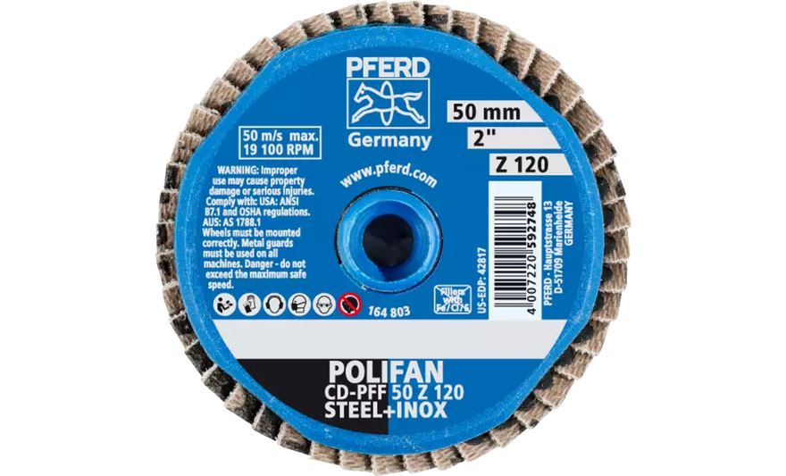 PFERD 42817 Mini Polifan Flap Disc | Arbor Hole | 2" Diameter | Zirconia Alumina 120 Grit | Type CD | Sold by Box of 10