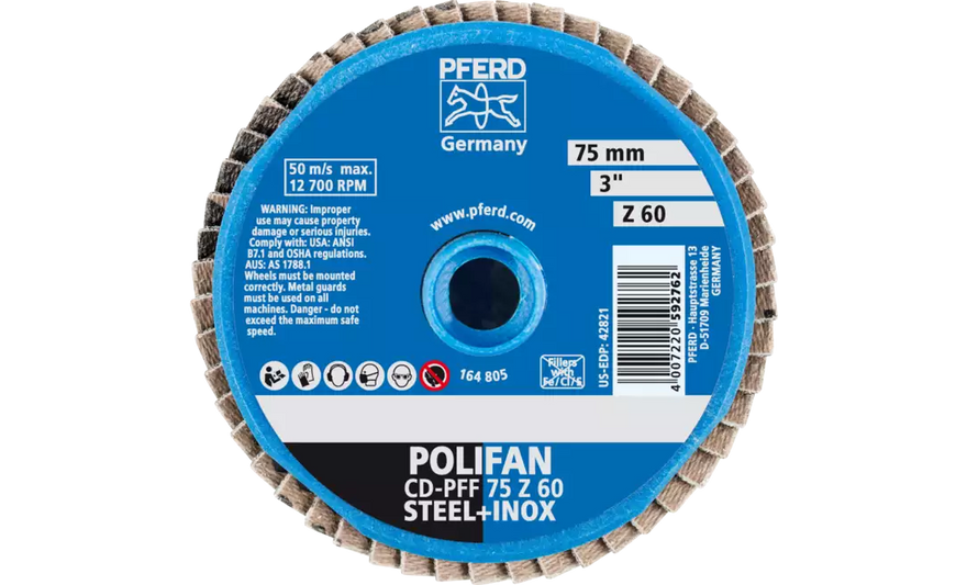PFERD 42821 Mini Polifan Flap Disc | Arbor Hole | 3" Diameter | Zirconia Alumina 60 Grit | Type CD | Sold by Box of 10
